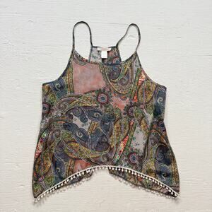 Love Blossom Paisley Sheer Pom Trim Cami Tank Top, Size Large